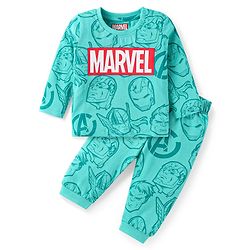 Babyhug Marvel Single Jersey Knit Full Sleeves Night Suit with Avengers Graphics - Mint