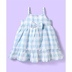 Babyhug Single Jersey Knit Sleeveless Frock with Checks & Bow Applique - White & Light Blue