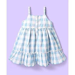 Babyhug Single Jersey Knit Sleeveless Frock with Checks & Bow Applique - White & Light Blue