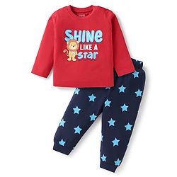 Babyhug Cotton Knit Full Sleeves Night Suit with Text Print - Red & Navy Blue