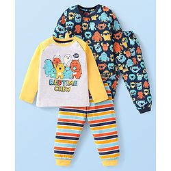 Babyhug Cotton Knit Full Sleeves Night Suit Monstar Print Pack of 2 - Navy & Yellow