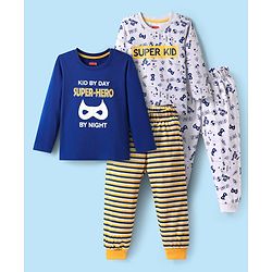 Babyhug Cotton Knit Full Sleeves Striped Night Suits with Text Print Pack of 2 - Navy Blue & White