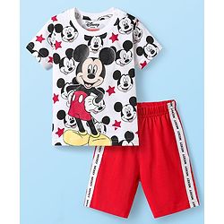 Babyhug Disney Single Jersey Knit  Half Sleeve Shorts Night Suit With Mickey Mouse Graphic - Red & White