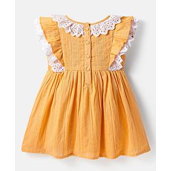 Babyhug Cotton Woven Half Frill Sleeves Frock with Bow Applique & Lace Detailing - Orange