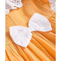 Babyhug Cotton Woven Half Frill Sleeves Frock with Bow Applique & Lace Detailing - Orange