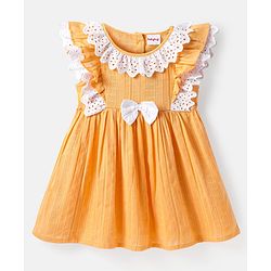Babyhug Cotton Woven Half Frill Sleeves Frock with Bow Applique & Lace Detailing - Orange