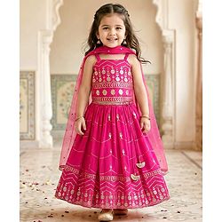 Babyhug Sleeveless Floral Sequenced Embroidered Choli Lehenga & Dupatta Set with Tassel Detailing - Dark Pink