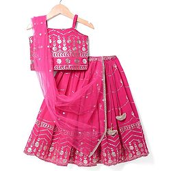 Babyhug Sleeveless Floral Sequenced Embroidered Choli Lehenga & Dupatta Set with Tassel Detailing - Dark Pink