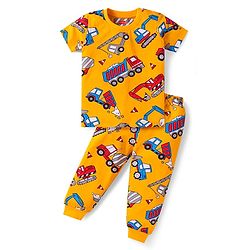 Babyhug Cotton Knit Half Sleeves Night Suit with Vehicle Print - Yellow