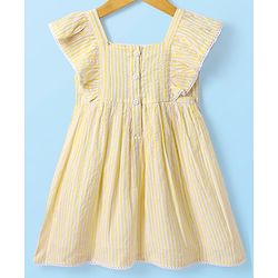 Babyhug Seersucker Frill Sleeves Striped Frock With Bow Applique - Yellow