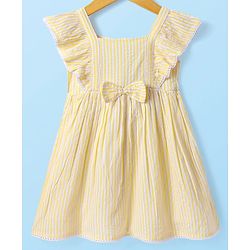 Babyhug Seersucker Frill Sleeves Striped Frock With Bow Applique - Yellow
