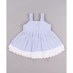 Babyhug Single Jersey Knit Sleeveless Frock with Stripes Bow Applique & Lace Detailing - White & Light Blue