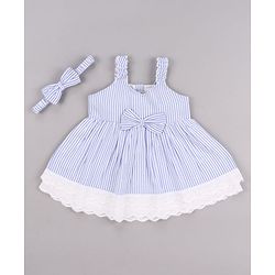 Babyhug Single Jersey Knit Sleeveless Frock with Stripes Bow Applique & Lace Detailing - White & Light Blue