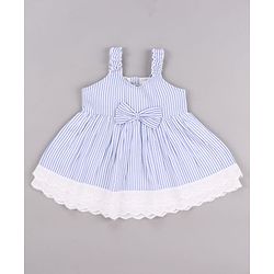 Babyhug Single Jersey Knit Sleeveless Frock with Stripes Bow Applique & Lace Detailing - White & Light Blue
