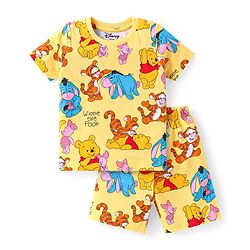 Babyhug Disney Single Jersey Knit Half Sleeves Co-ords Shorts Night Suit with Winnie & Friends Graphics - Yellow