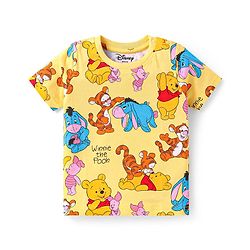 Babyhug Disney Single Jersey Knit Half Sleeves Co-ords Shorts Night Suit with Winnie & Friends Graphics - Yellow
