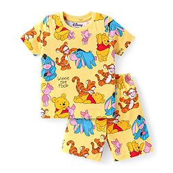 Babyhug Disney Single Jersey Knit Half Sleeves Co-ords Shorts Night Suit with Winnie & Friends Graphics - Yellow