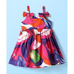 Babyhug Cotton Woven Sleeveless Dress With Leaf Print & Bow Applique - Multicolor