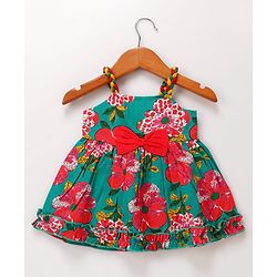 Babyhug Cotton Woven Singlet Sleeves Frock With Floral Print & Bow Applique - Green