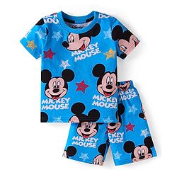 Babyhug Disney Single Jersey Knit Half Sleeves Shorts Night Suit  With Mickey Mouse Print - Blue