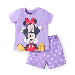 Babyhug Disney Single Jersey Knit Half Sleeves Shorts Nightsuit With Minnie Mouse Graphic - Purple