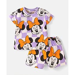 Babyhug Disney Single Jersey Knit Half Sleeves Shorts Night Suit With Minnie Mouse Print - White