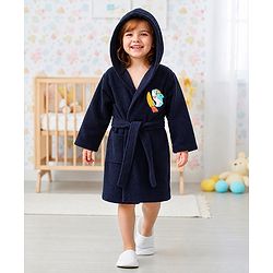 Babyhug Velour Knit Full Sleeves Bath Robe With Shark Embroidery - Navy Blue
