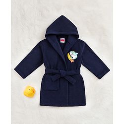 Babyhug Velour Knit Full Sleeves Bath Robe With Shark Embroidery - Navy Blue