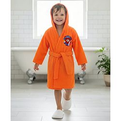 Babyhug Velour Knit Full Sleeves Bath Robe With Bear Embroidery - Orange
