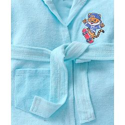 Babyhug Velour Knit Full Sleeves Hooded Bath Robe With Tiger Embroidery - Sky Blue