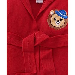 Babyhug Terry Knit Full Sleeves Hooded Bath Robe with Lion Embroidery - Red