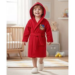 Babyhug Terry Knit Full Sleeves Hooded Bath Robe with Lion Embroidery - Red