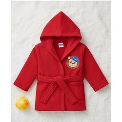 Babyhug Terry Knit Full Sleeves Hooded Bath Robe with Lion Embroidery - Red