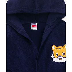 Babyhug Terry Knit Full Sleeves Hooded Bath Robe with Animal Patch - Navy Blue