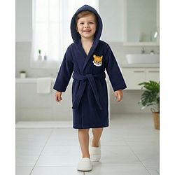Babyhug Terry Knit Full Sleeves Hooded Bath Robe with Animal Patch - Navy Blue