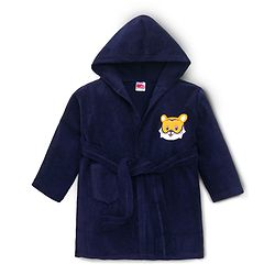 Babyhug Terry Knit Full Sleeves Hooded Bath Robe with Animal Patch - Navy Blue