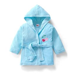 Babyhug Velour Knit Full Sleeves Hooded Bath Robe with Cherry Embroidery - Light Blue