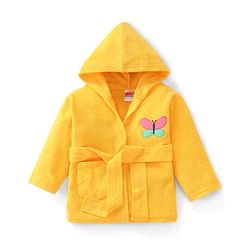Babyhug Terry Knit Full Sleeves Hooded Bath Robe with Butterfly Embroidery - Yellow