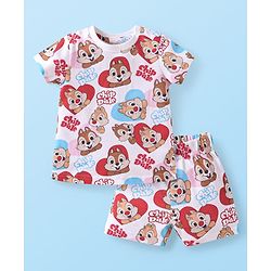 Babyhug Disney Single Jersey Knit Half Sleeves Shorts Night Suit with Chip N Dale Graphics -White
