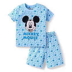 Babyhug Disney Single Jersey Knit Half Sleeves Co-ords Shorts Night Suit with Mickey Mouse Graphics - Light Blue