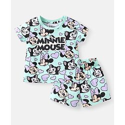 Babyhug Disney Single Jersey Knit Half Sleeves Short Night Suit with Minnie Mouse Graphics - Aqua Blue