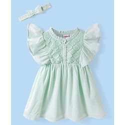 Babyhug Cotton Woven Frill Sleeves Frock & Head Band with Lace Detailing - Mint