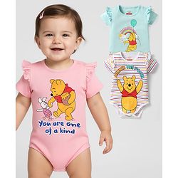Babyhug Disney Interlock Knit Half Sleeves Onesies With Winnie The Pooh Graphics & Frill Detailing Pack of 3 - Pink Blue & White