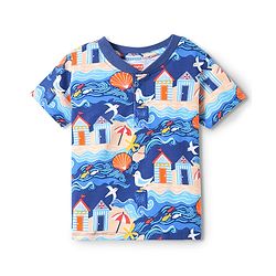 Babyhug Cotton Knit Half Sleeves Henley Neck T-Shirt with Beach Theme Print - Navy Blue