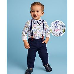Babyhug Knit Full Sleeves Dino Printed Shirt & Pant with Bow & Suspender - Navy Blue & White