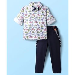 Babyhug Knit Full Sleeves Dino Printed Shirt & Pant with Bow & Suspender - Navy Blue & White