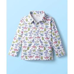 Babyhug Knit Full Sleeves Dino Printed Shirt & Pant with Bow & Suspender - Navy Blue & White
