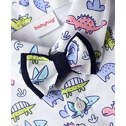 Babyhug Knit Full Sleeves Dino Printed Shirt & Pant with Bow & Suspender - Navy Blue & White