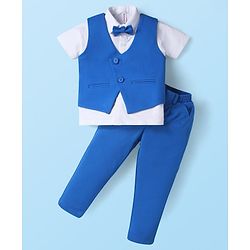 Babyhug Knit Half Sleeves Solid Color 3 Piece Party Suit with  Bow - White & Blue