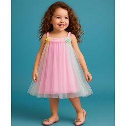 Babyhug Woven Mesh Sleeveless Party Wear Dress With Ruffles & Floral Applique - Pink